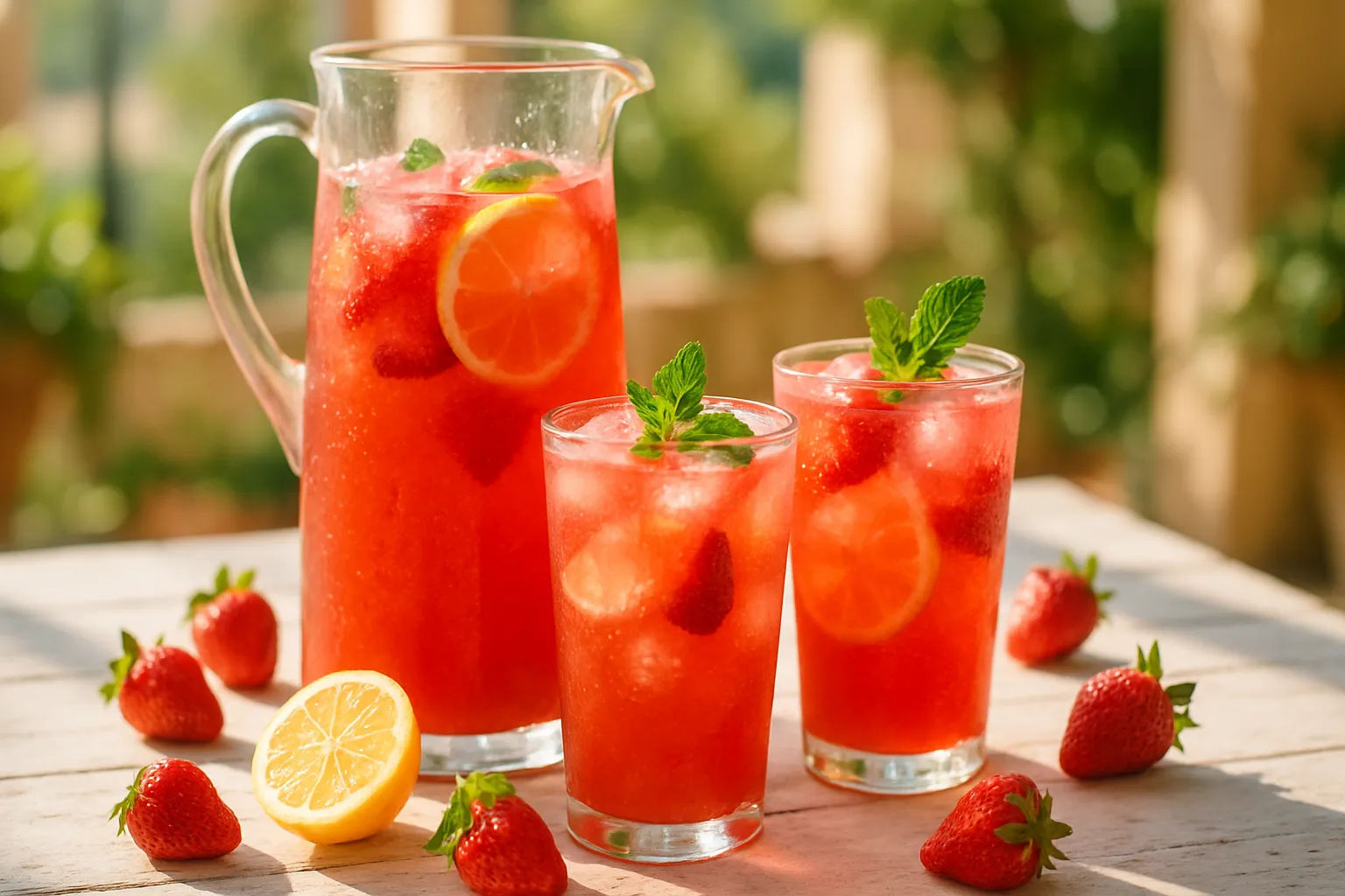 Glass pitcher and glasses filled with vibrant pink homemade strawberry lemonade garnished with fresh fruit and mint