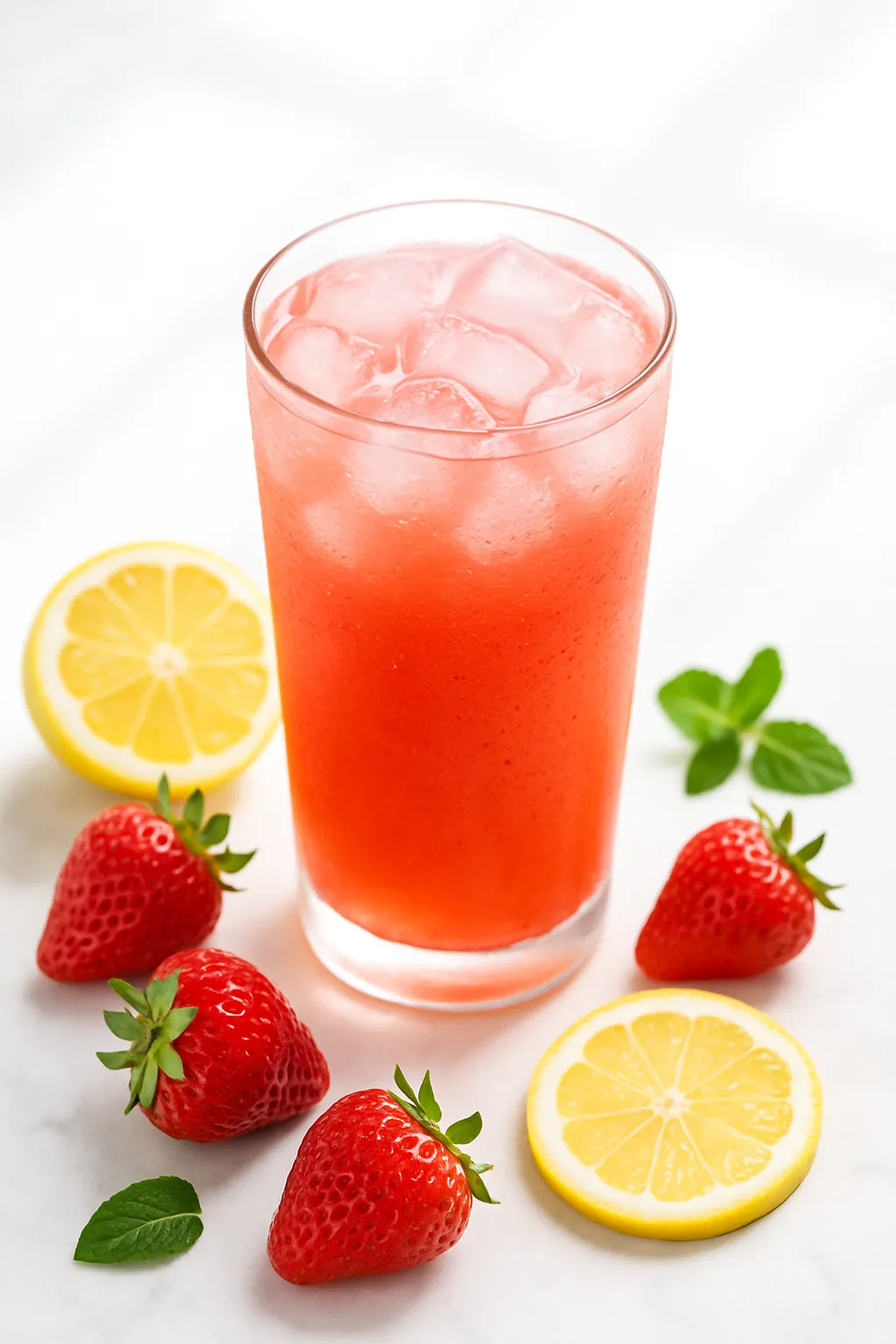 Close-up detail of pink strawberry lemonade showing ice cubes, condensation, and fresh strawberry garnish