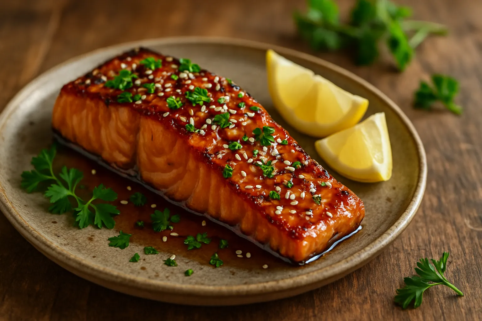Honey garlic salmon with caramelized glaze on rustic plate garnished with parsley and sesame seeds