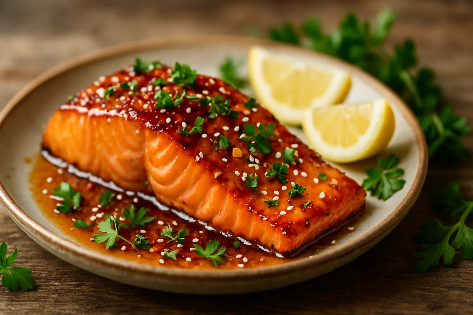Vertical shot of honey garlic salmon with glossy glaze on white plate with fresh herbs