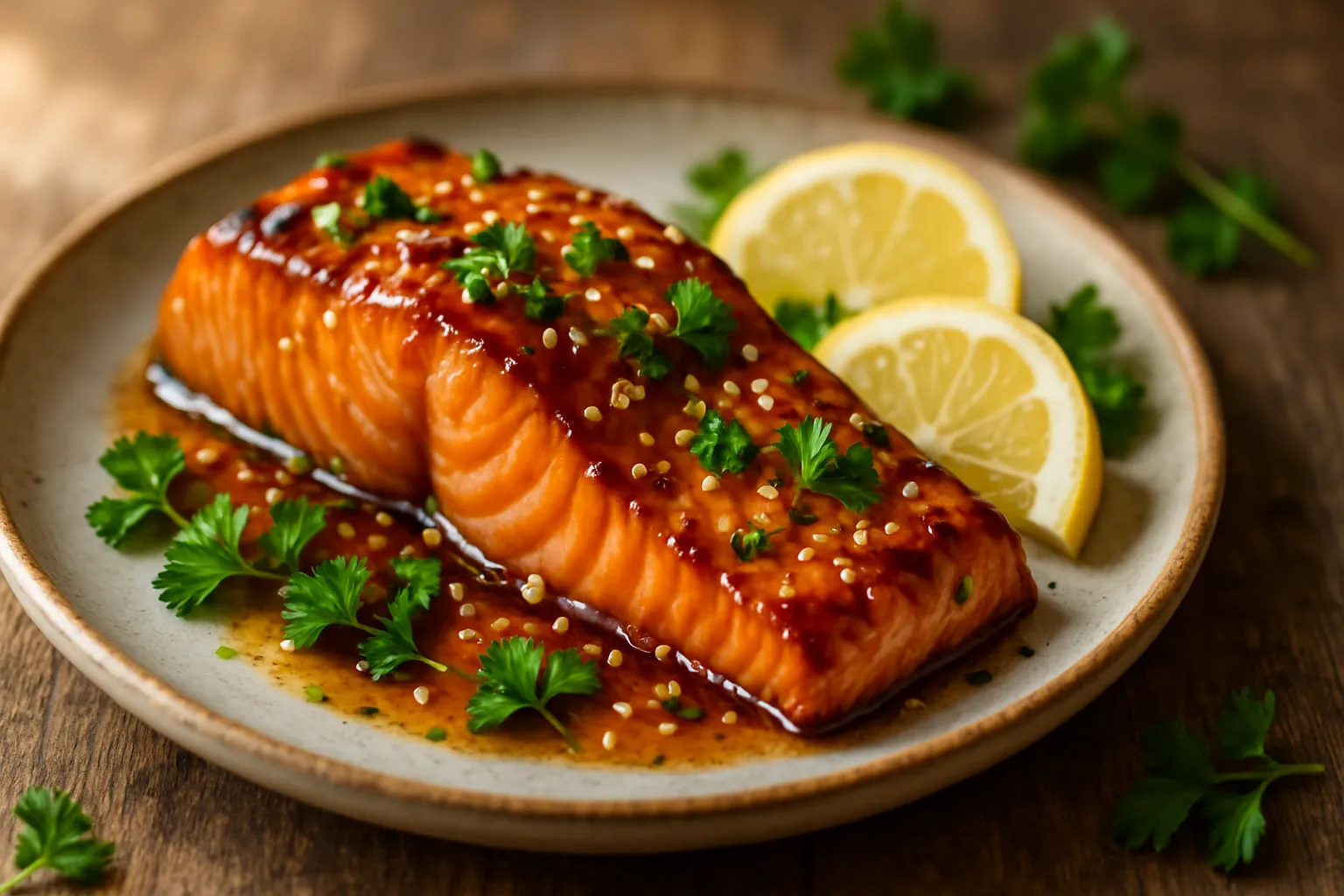 Salmon fillets being brushed with honey garlic glaze in hot cast iron skillet