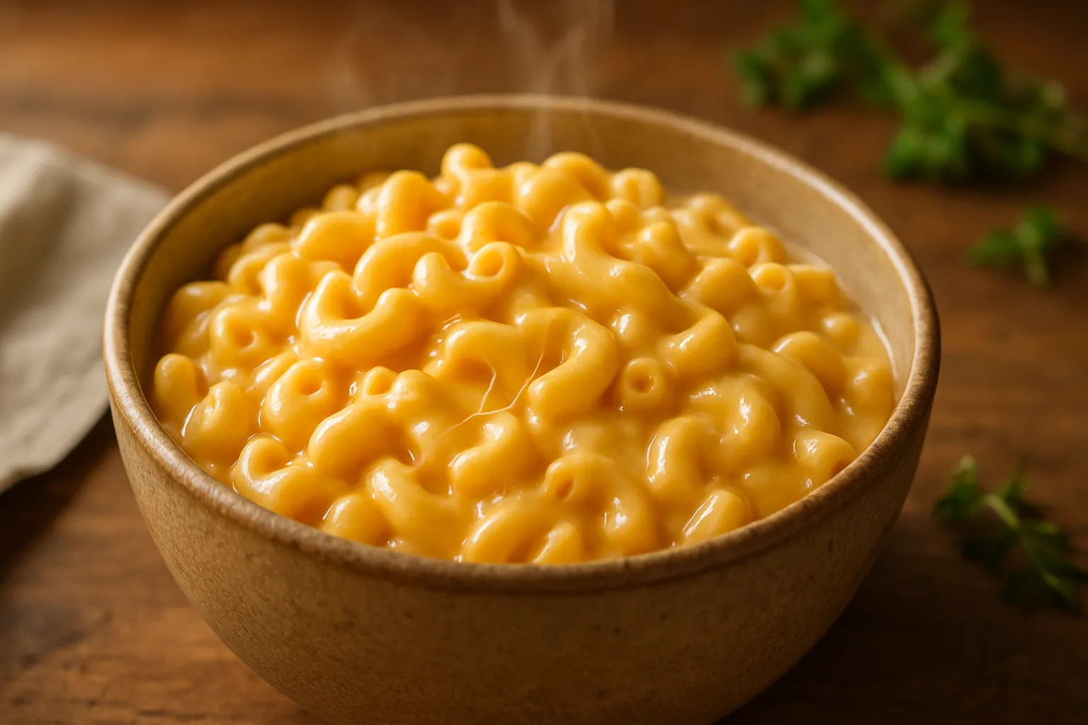 Creamy homemade mac and cheese in a rustic ceramic bowl with golden cheese sauce and visible cheese pulls