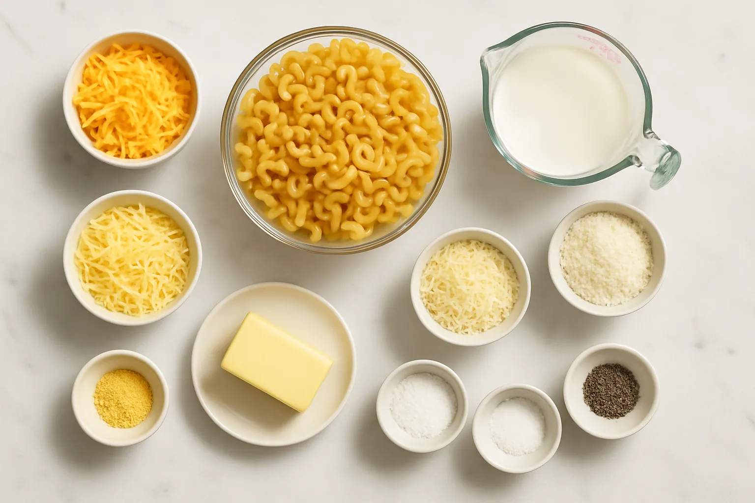 Overhead view of fresh mac and cheese ingredients including pasta, grated cheeses, butter, milk, and seasonings arranged on marble surface