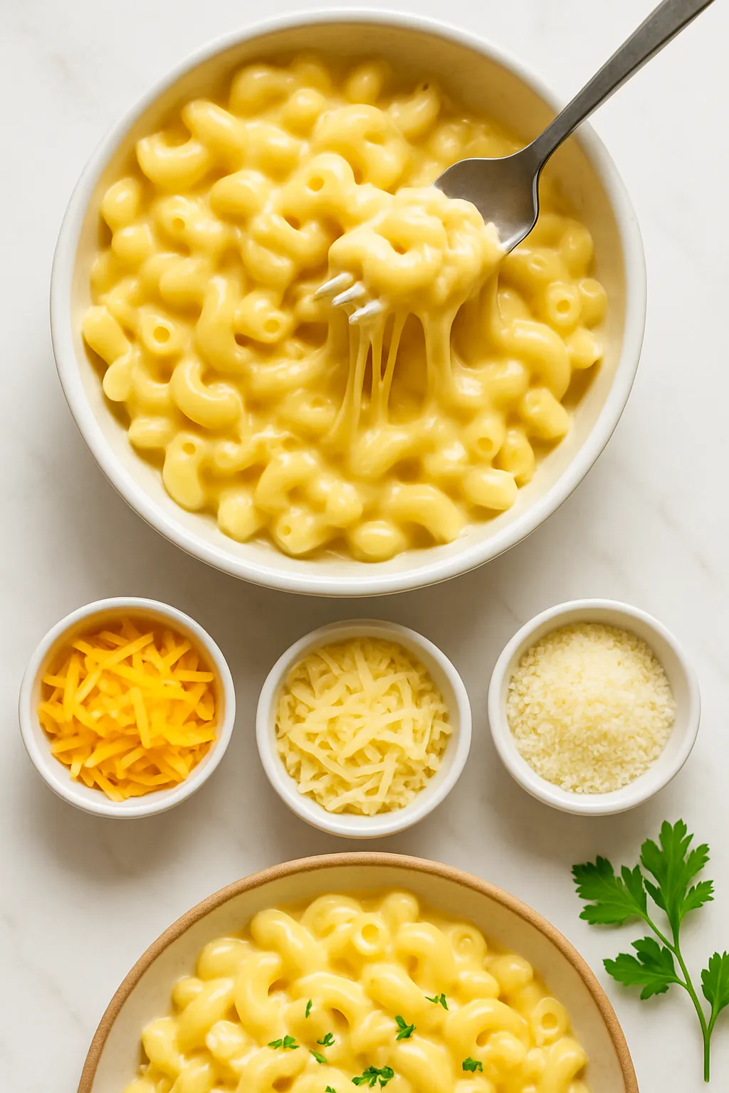 Vertical Pinterest image showing creamy mac and cheese recipe with ingredients and finished dish