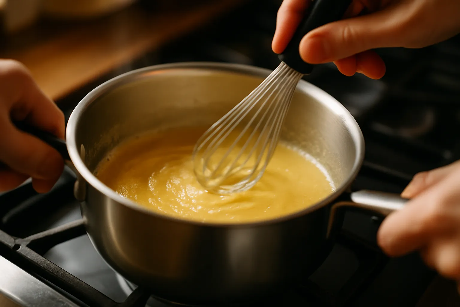 Hands whisking golden roux in a saucepan for homemade mac and cheese sauce
