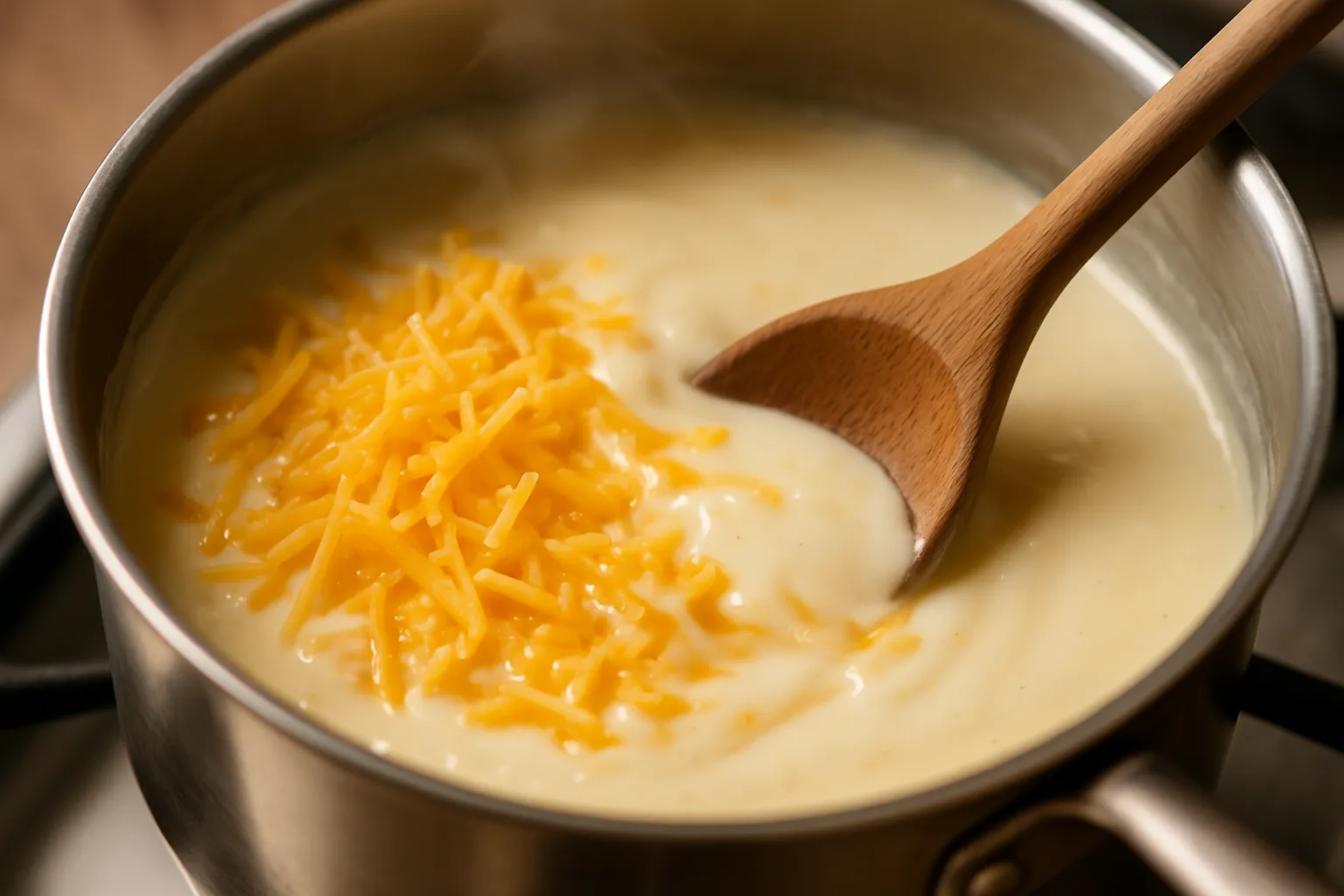Grated cheese being stirred into creamy béchamel sauce for mac and cheese