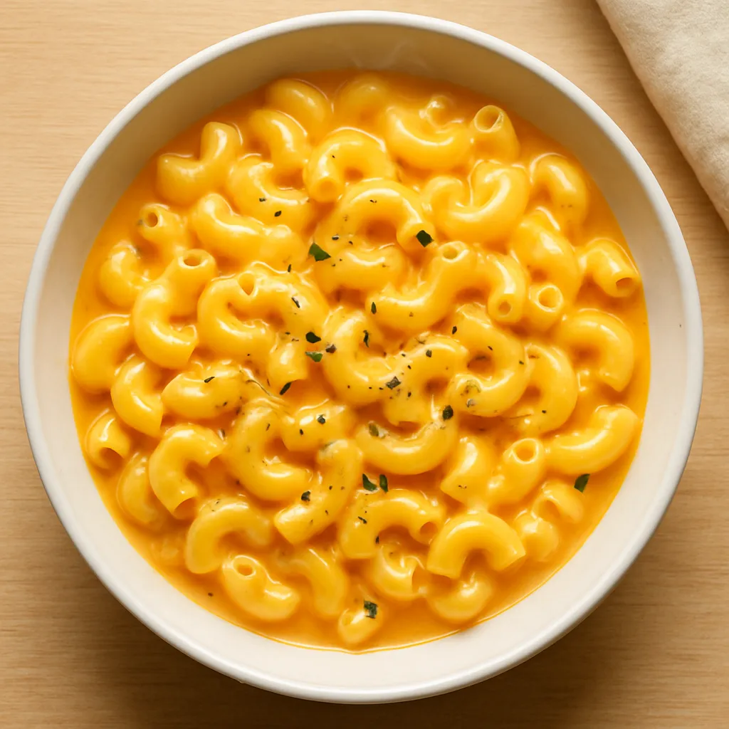 Finished bowl of creamy homemade mac and cheese with golden cheese sauce and black pepper garnish