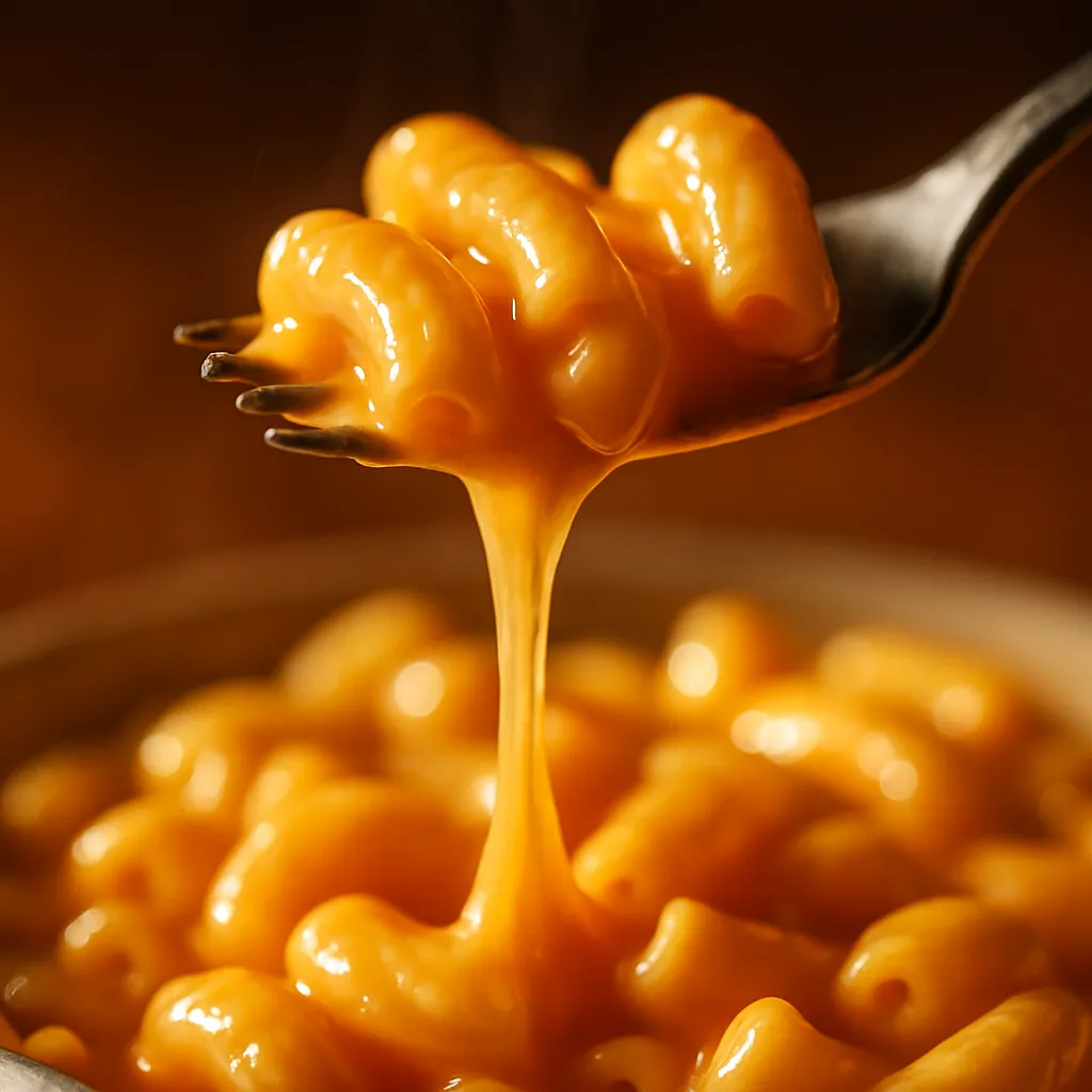 Close-up of fork lifting creamy mac and cheese with dramatic cheese pull showing glossy texture