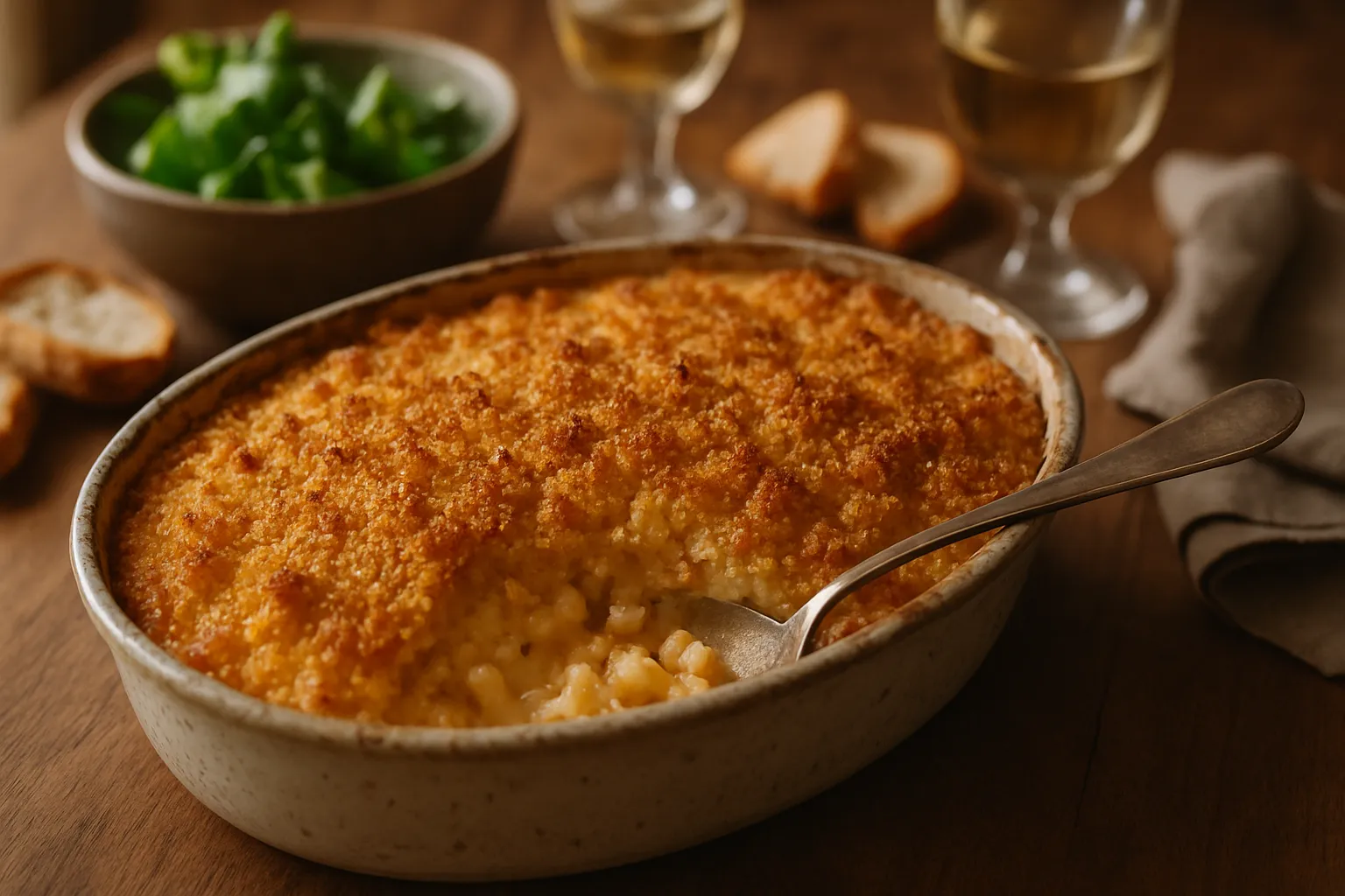Baked mac and cheese with golden breadcrumb topping in rustic baking dish on dinner table with salad and bread