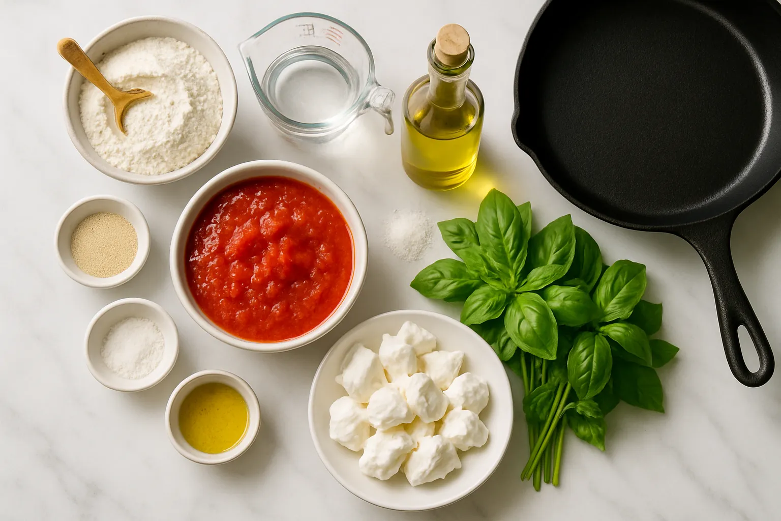 Margherita pizza in a cast iron pan on stovetop with melted mozzarella, fresh basil, and golden crispy crust