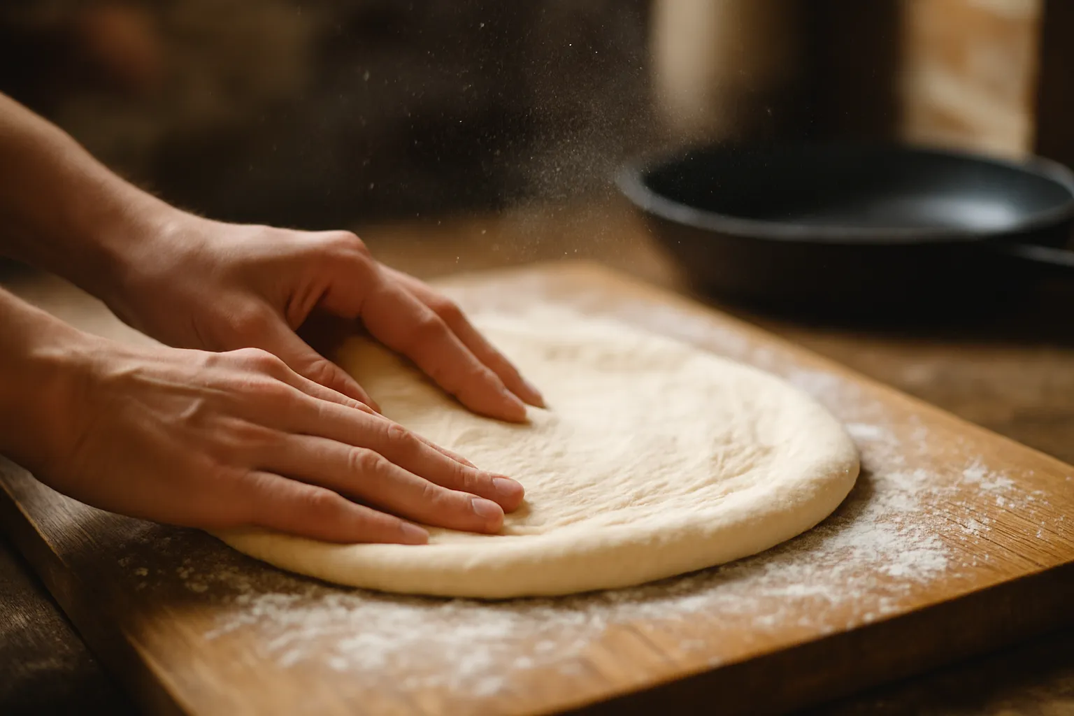Ingredients for Margherita pizza in a pan including flour, yeast, mozzarella, tomatoes, and fresh basil