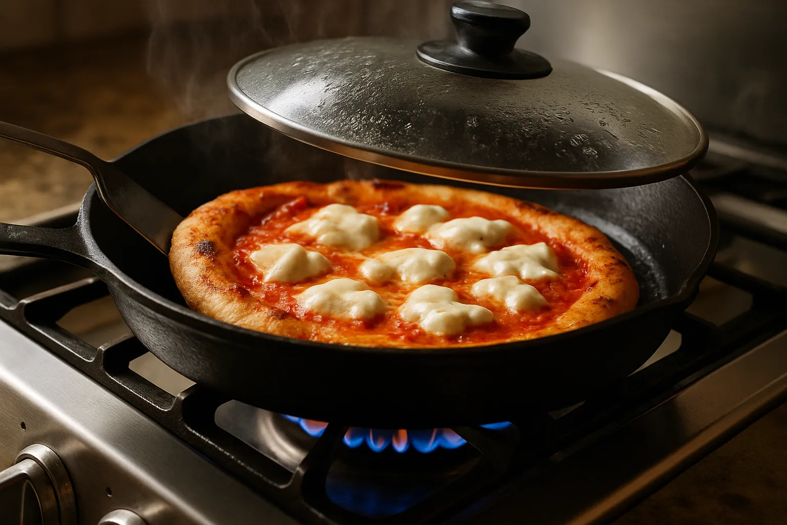 Hands stretching fresh pizza dough on floured surface for stovetop pan pizza preparation