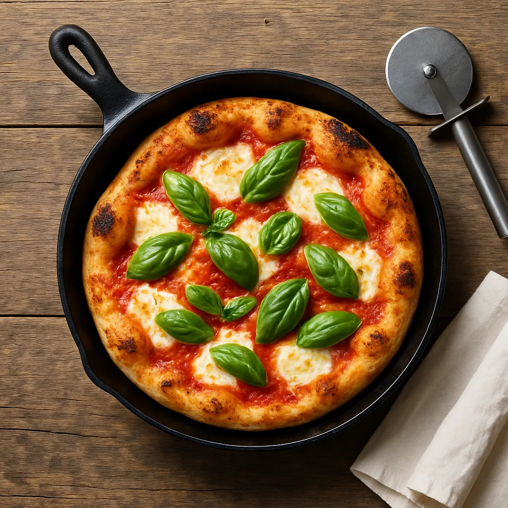 Stovetop Margherita pizza in cast iron pan with fresh mozzarella and basil, overhead view