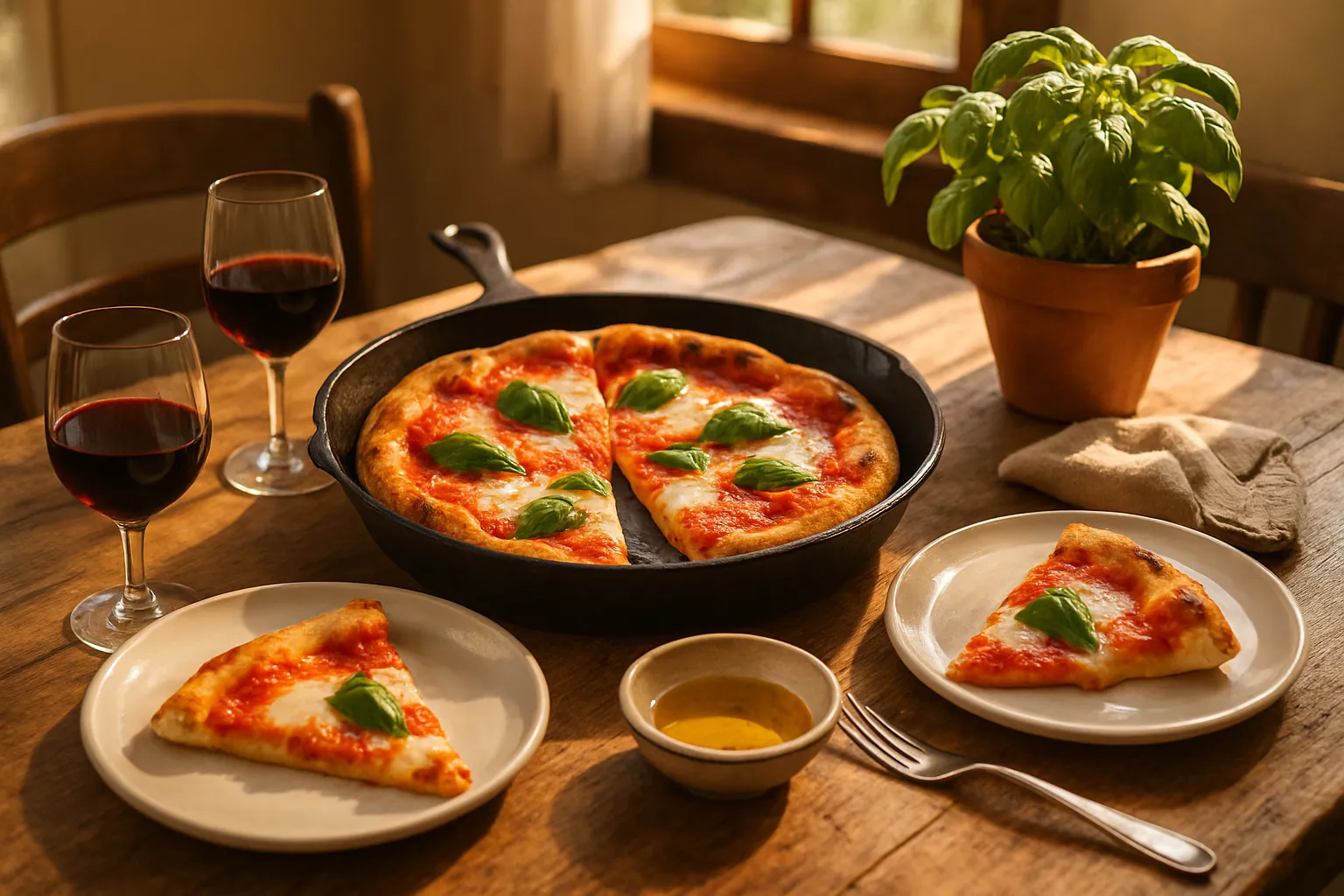 Margherita pizza cooking in cast iron skillet on gas stovetop with lid and visible flames