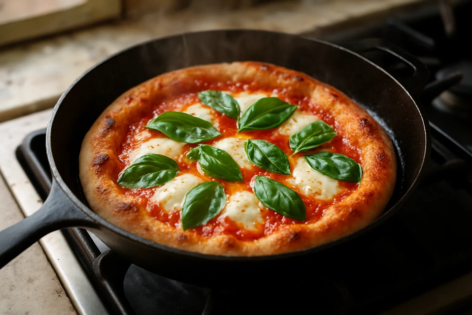 Finished Margherita pizza in cast iron pan with melted mozzarella, tomato sauce, and fresh basil