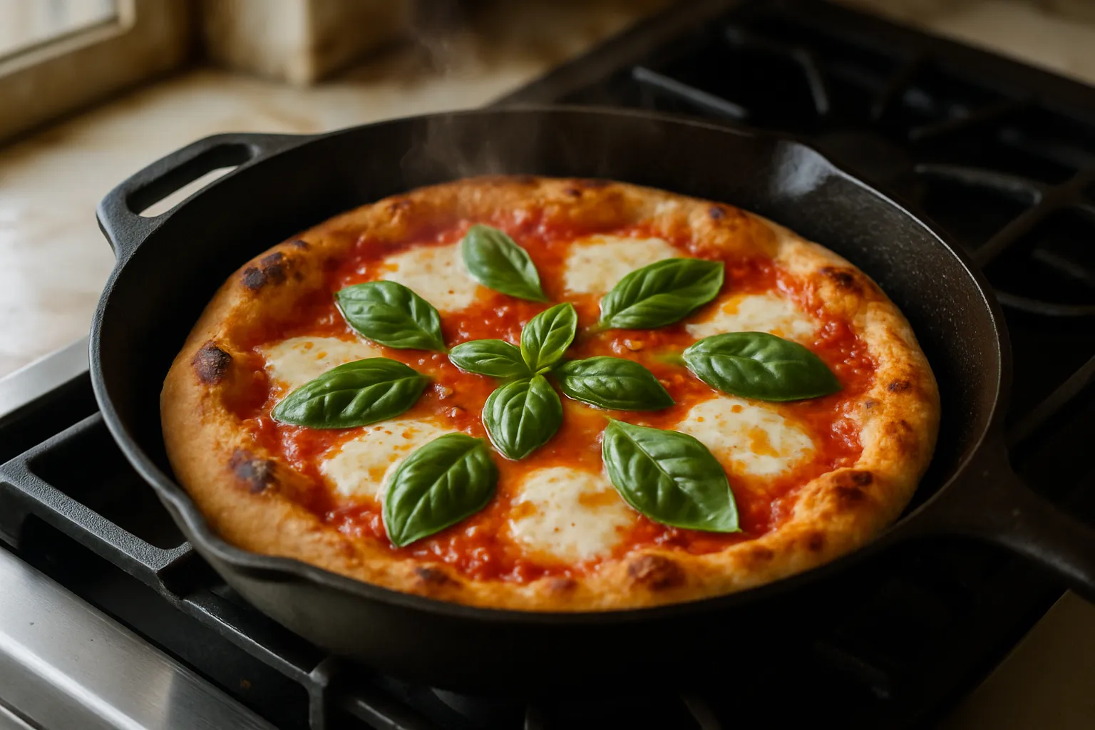 Close-up of Margherita pan pizza slice with stretching mozzarella cheese and crispy golden crust