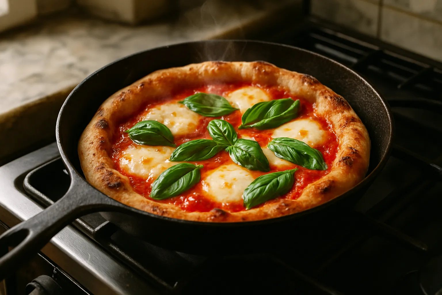 Margherita pan pizza served on rustic table with wine glasses and Italian dining setting