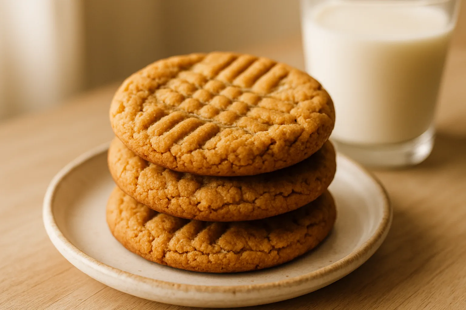 Stack of three golden peanut butter cookies with fork crosshatch pattern on white plate with milk in background