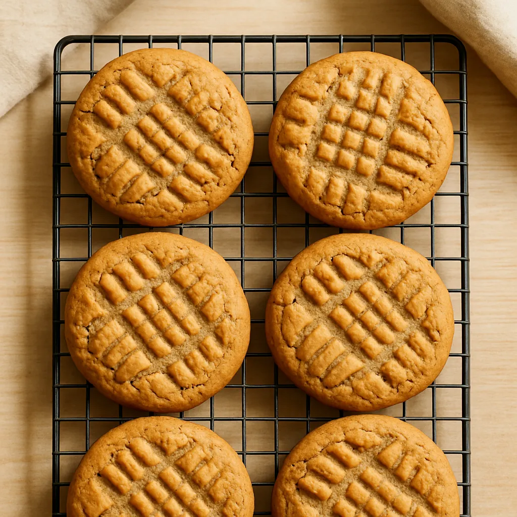 Flat lay of peanut butter cookie ingredients including peanut butter, butter, sugars, eggs, and flour on marble surface