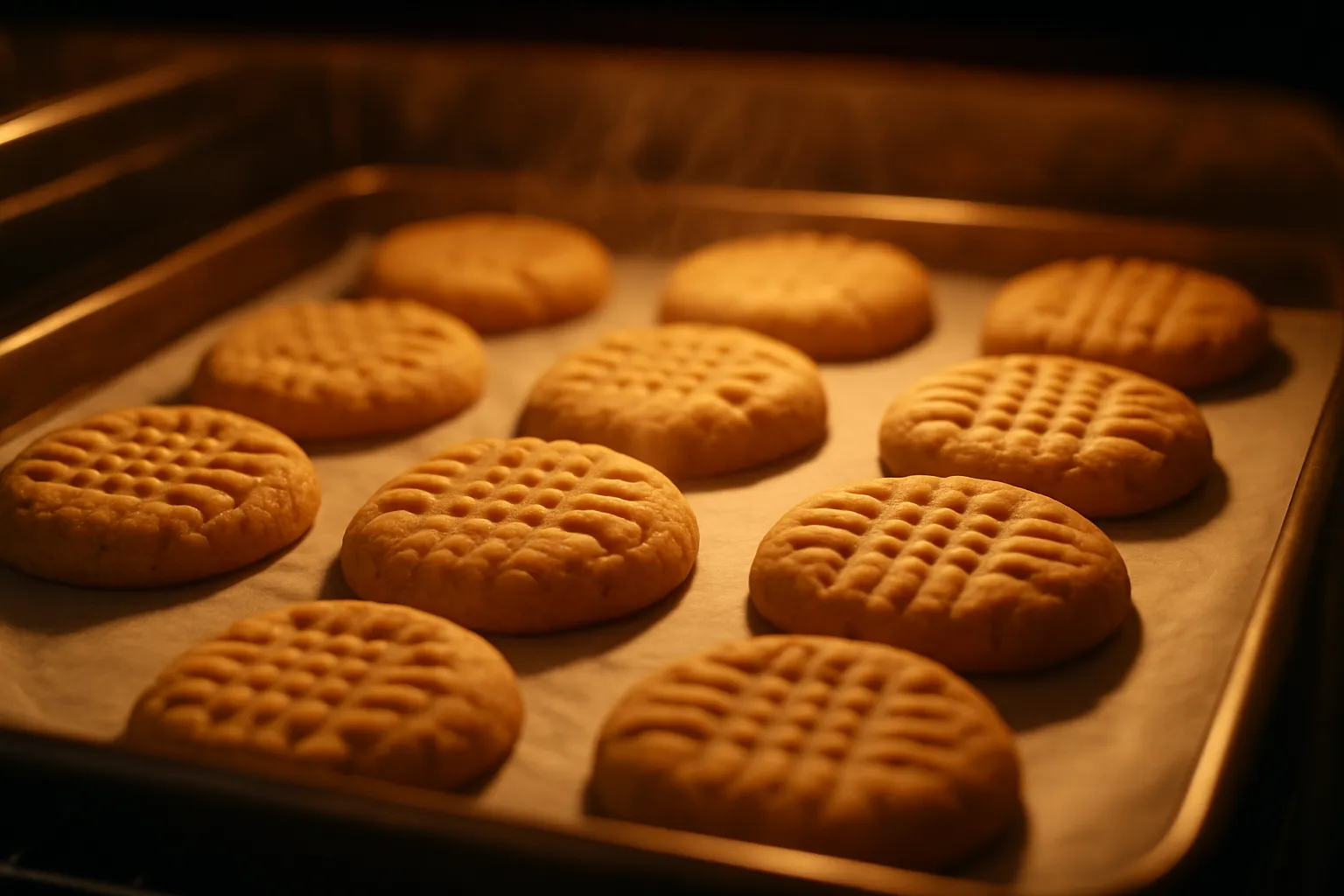 Overhead view of golden peanut butter cookies with crosshatch pattern on parchment paper and cooling rack