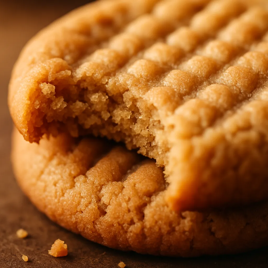 Close-up of peanut butter cookie with bite taken out showing soft interior texture and golden crispy edges