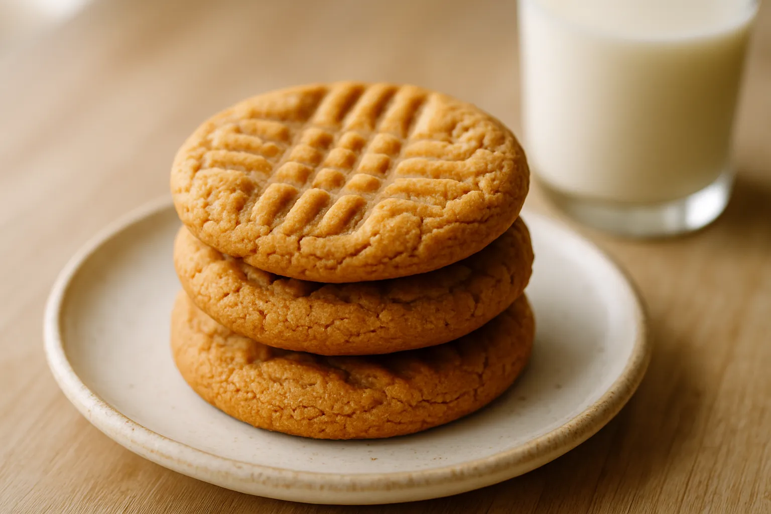Peanut butter cookies on ceramic plate with glass of cold milk on wooden table in cozy kitchen setting