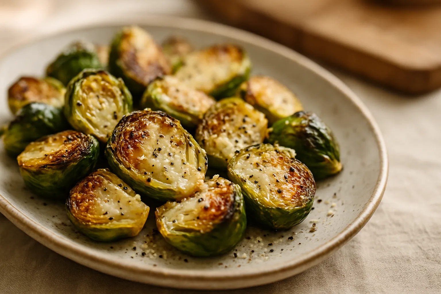 Crispy roasted brussels sprouts with golden parmesan cheese on a rustic ceramic platter with caramelized edges