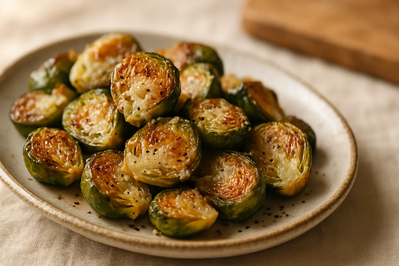 Flat lay of fresh brussels sprouts, grated parmesan cheese, olive oil, and seasonings arranged on white marble surface