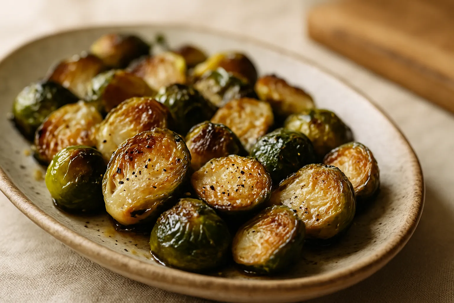 Overhead view of crispy roasted brussels sprouts with parmesan in white bowl on marble surface with fresh ingredients