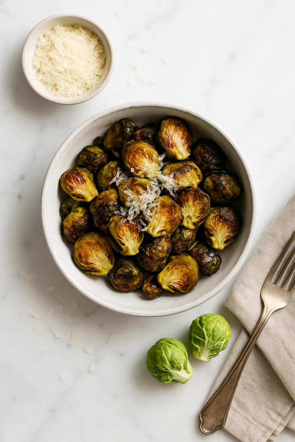 Halved brussels sprouts arranged cut-side down on parchment-lined baking sheet with golden caramelized edges and melted parmesan