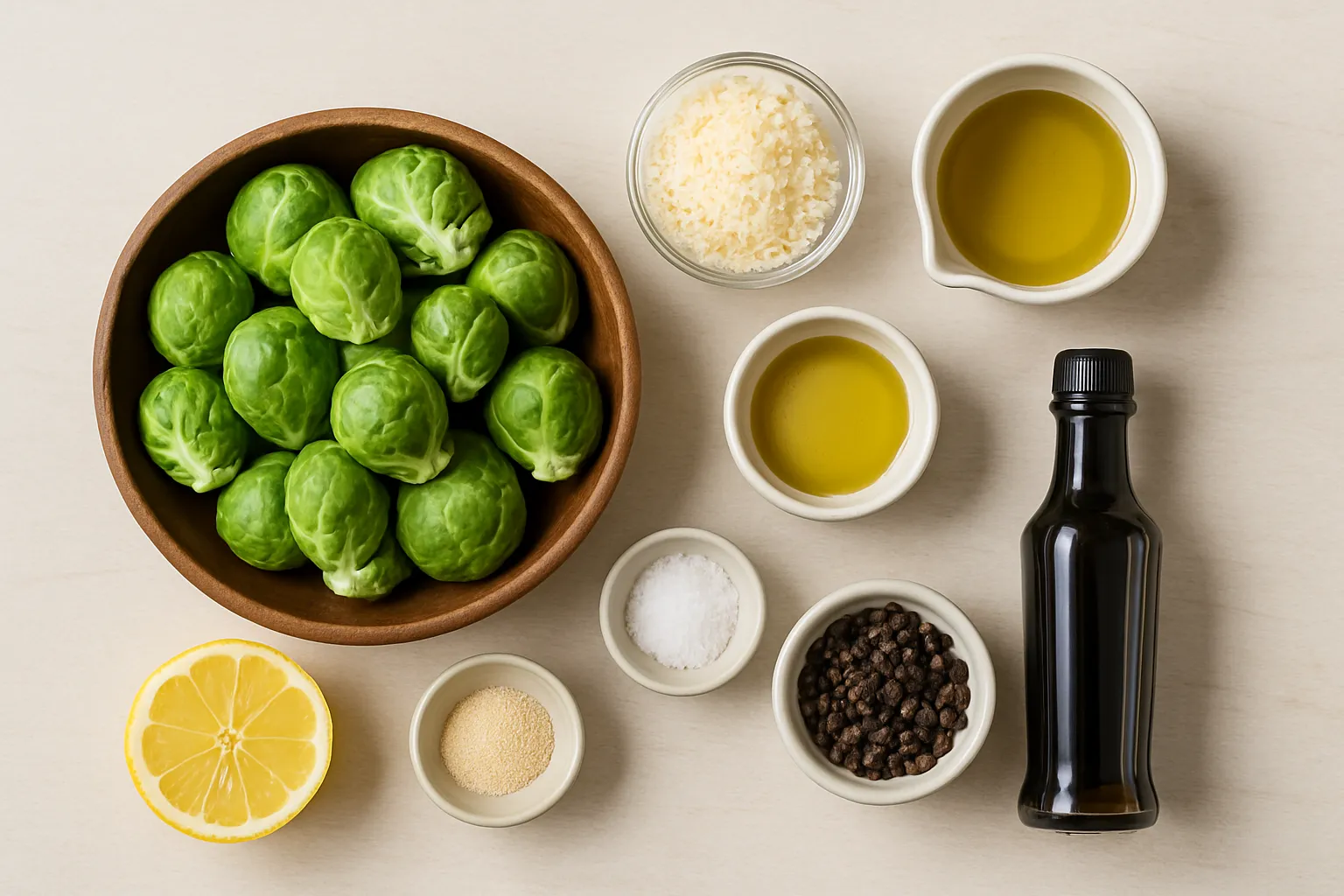 Overhead view of roasted brussels sprouts with golden parmesan crust in rustic ceramic bowl on light background