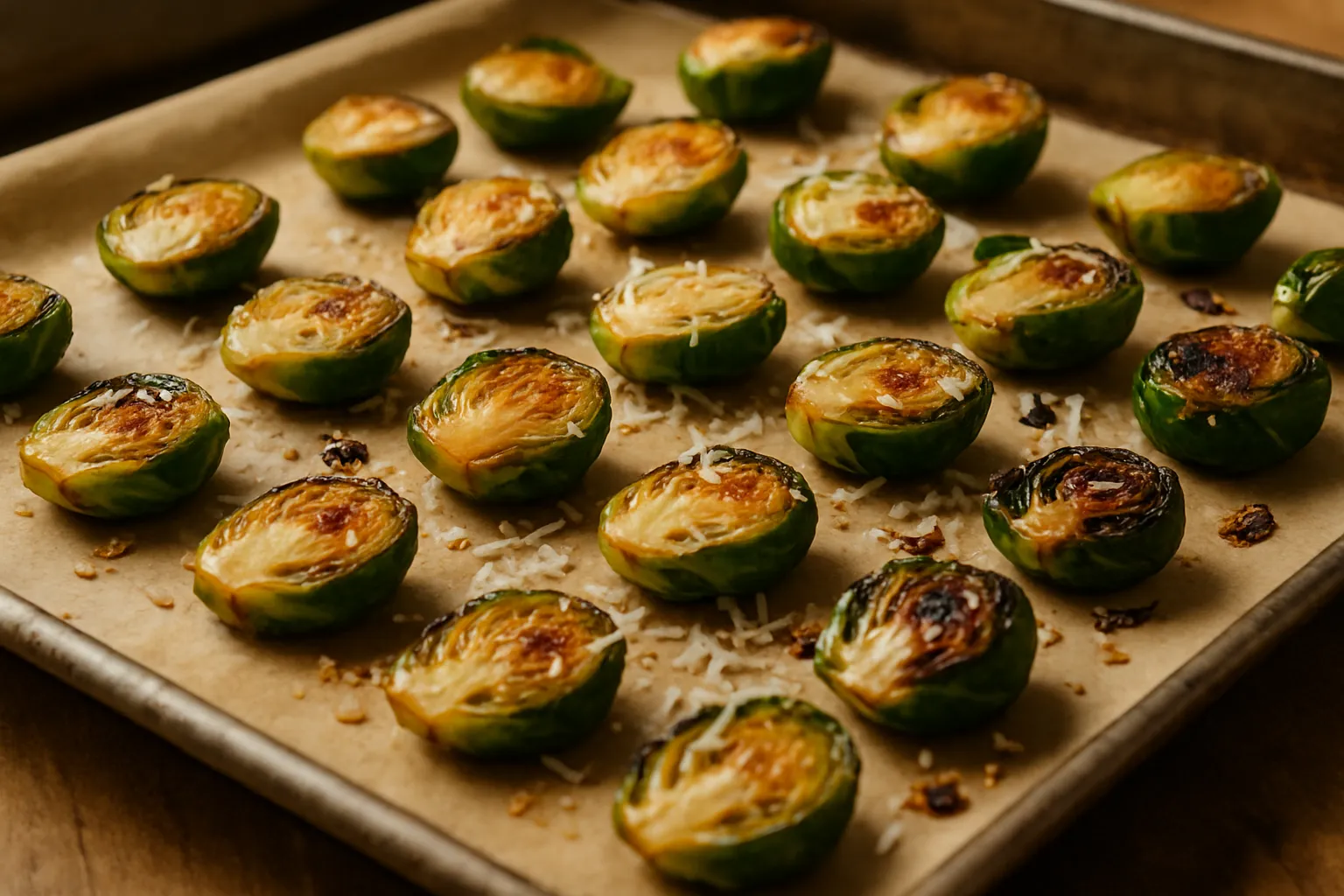 Extreme close-up of roasted brussels sprouts showing crispy caramelized edges and melted parmesan crust with detailed texture