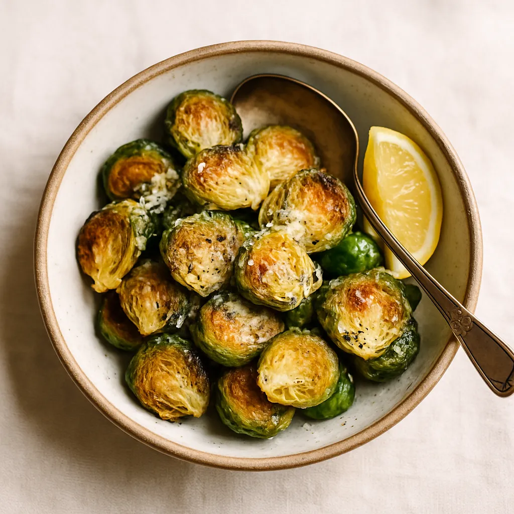 Roasted brussels sprouts with parmesan served alongside roasted chicken on elegant dinner table with wine and bread