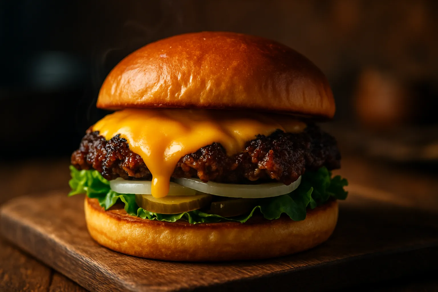 Crispy juicy smash burger with melted cheese on toasted brioche bun with lettuce and pickles