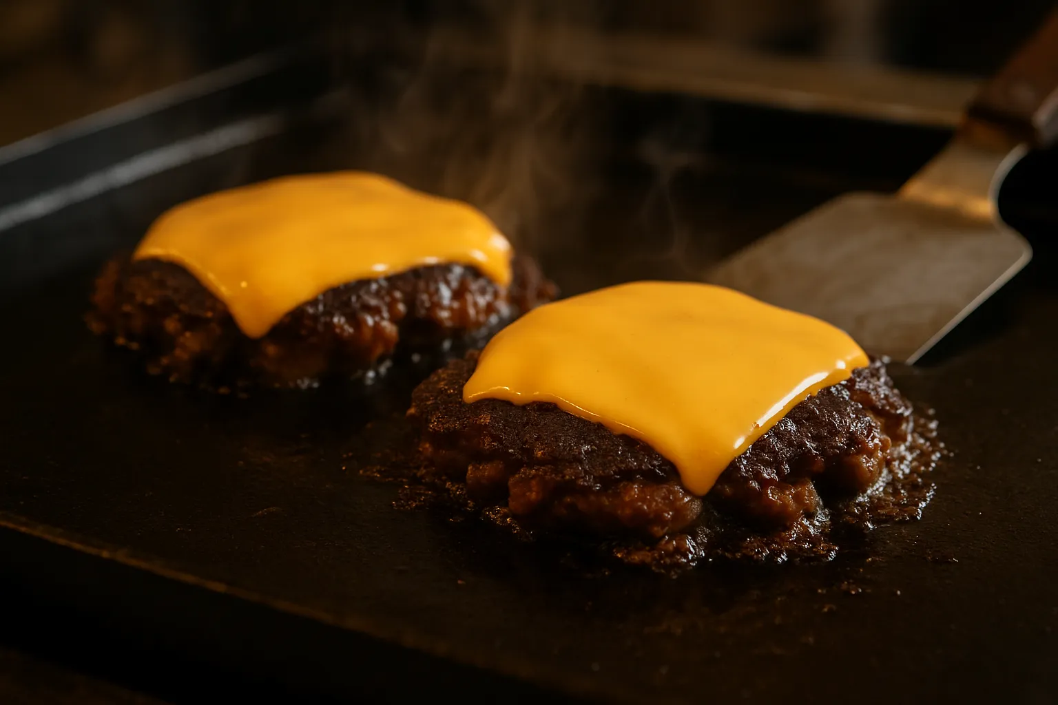 Overhead view of fresh smash burger ingredients including ground beef, buns, cheese, and toppings on marble surface