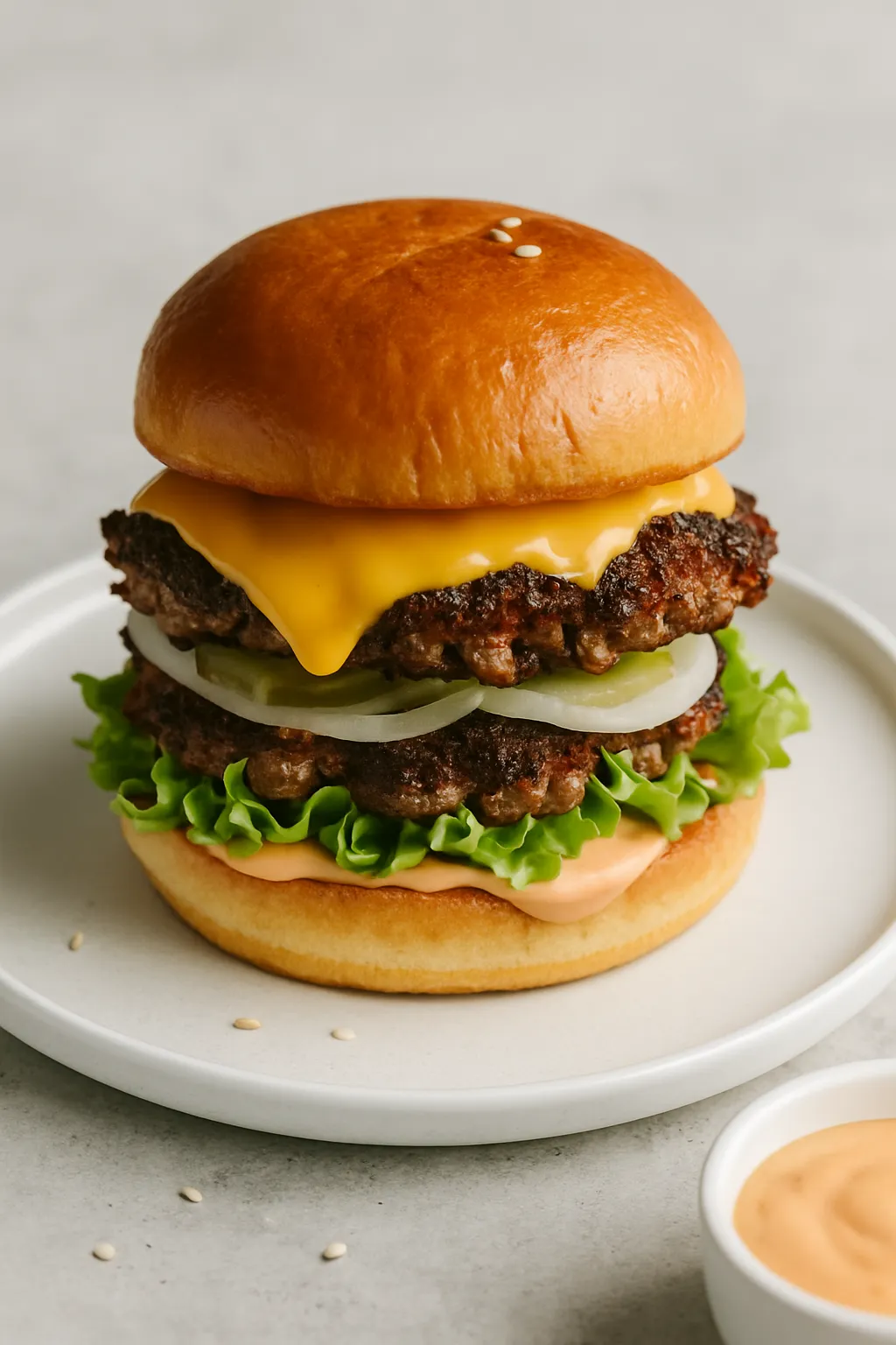 Completed smash burger with crispy patty, melted cheese, and fresh toppings on white plate