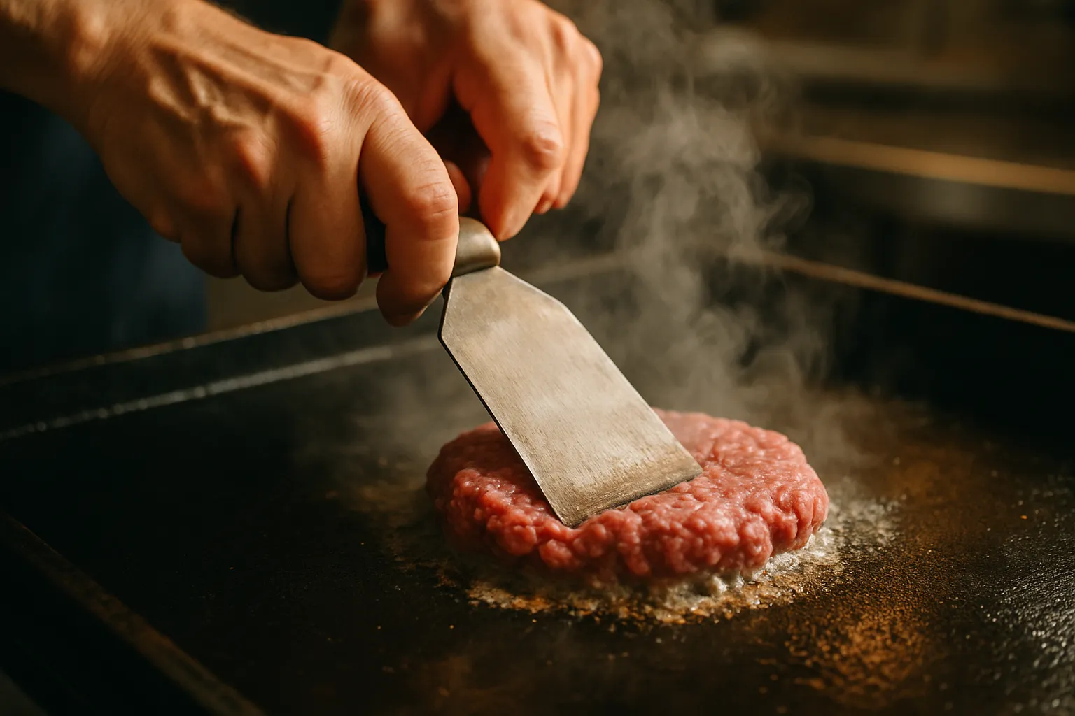 Close-up cross-section of smash burger showing crispy crust exterior and juicy interior