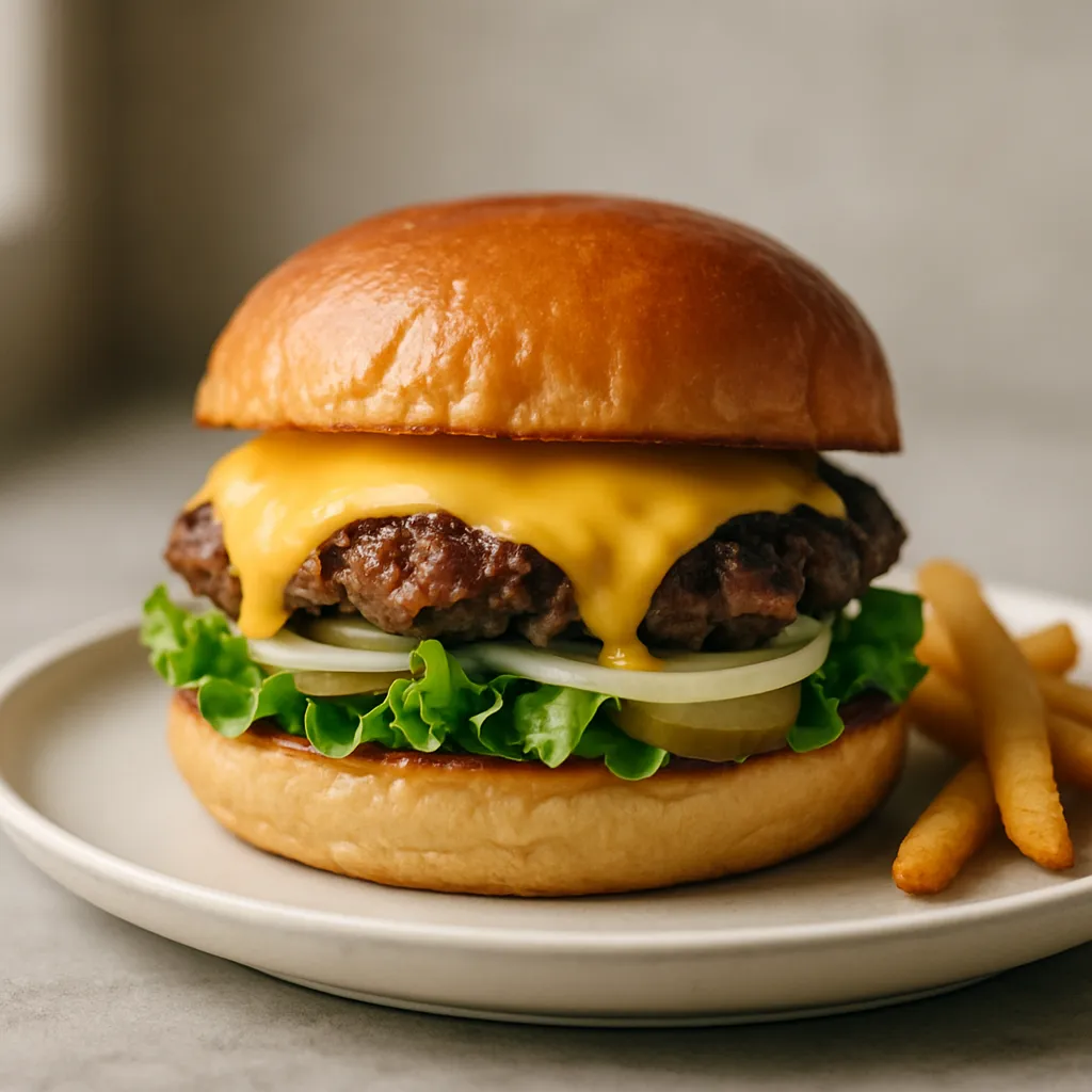 Smash burgers served with fries and cold drinks on rustic wooden table in casual dining setting