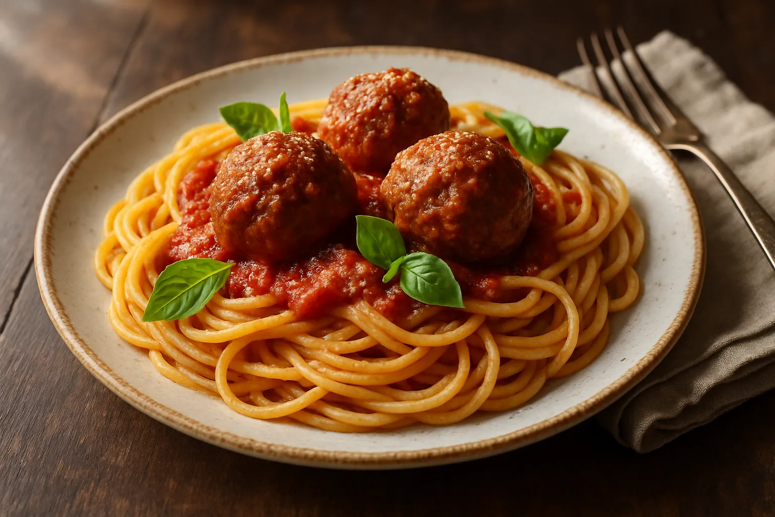 Plate of homemade Spaghetti and Meatballs with rich tomato sauce, fresh basil, and Parmesan cheese on rustic table