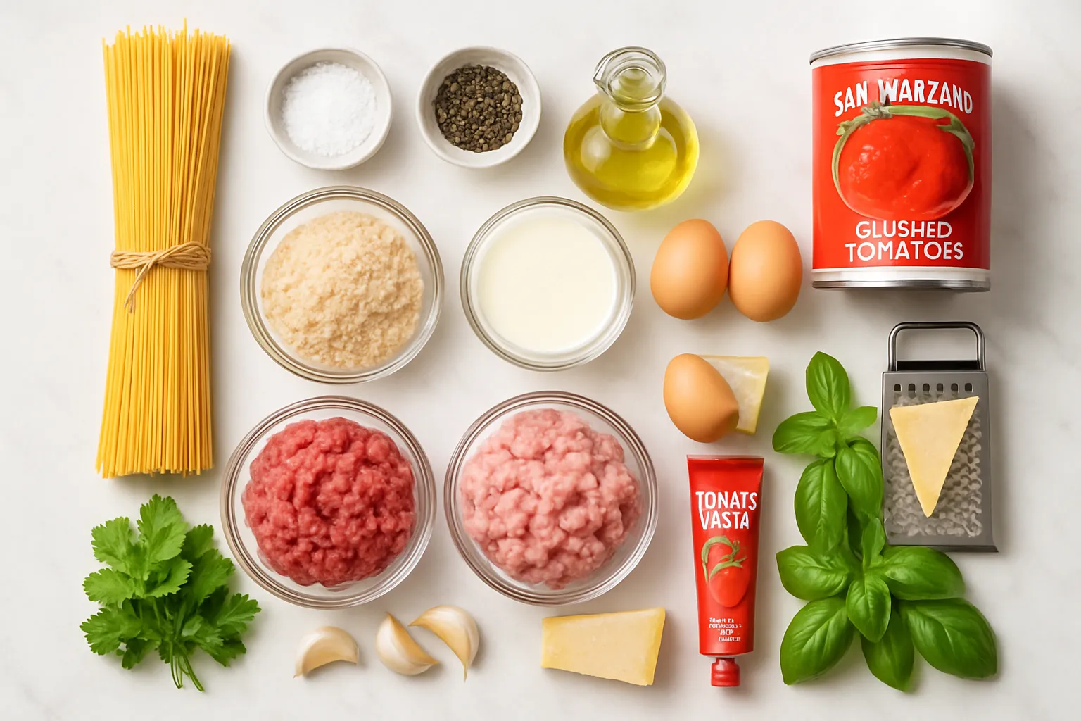 Overhead view of all ingredients needed for Spaghetti and Meatballs recipe arranged on marble counter