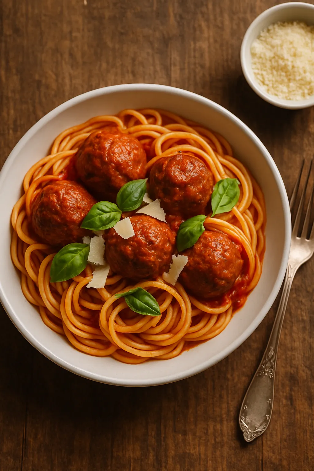 Overhead view of Spaghetti and Meatballs in white bowl with fresh basil and Parmesan on wooden table
