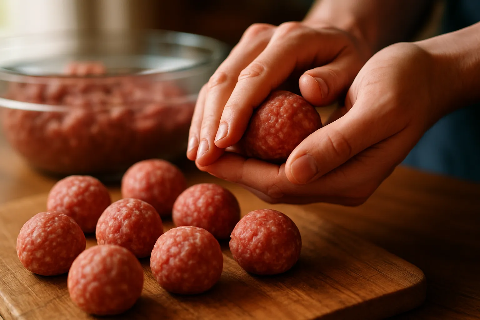 Hands forming raw meatballs on wooden cutting board with shaped meatballs in foreground