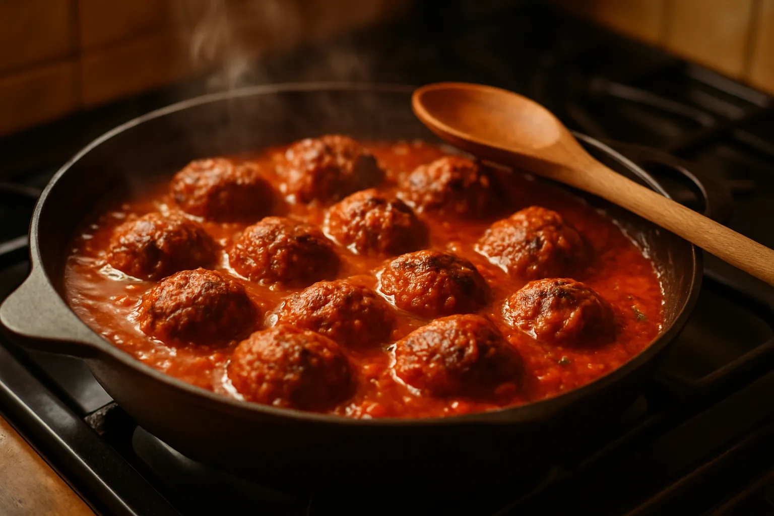 Meatballs simmering in rich tomato sauce in cast iron skillet on stovetop