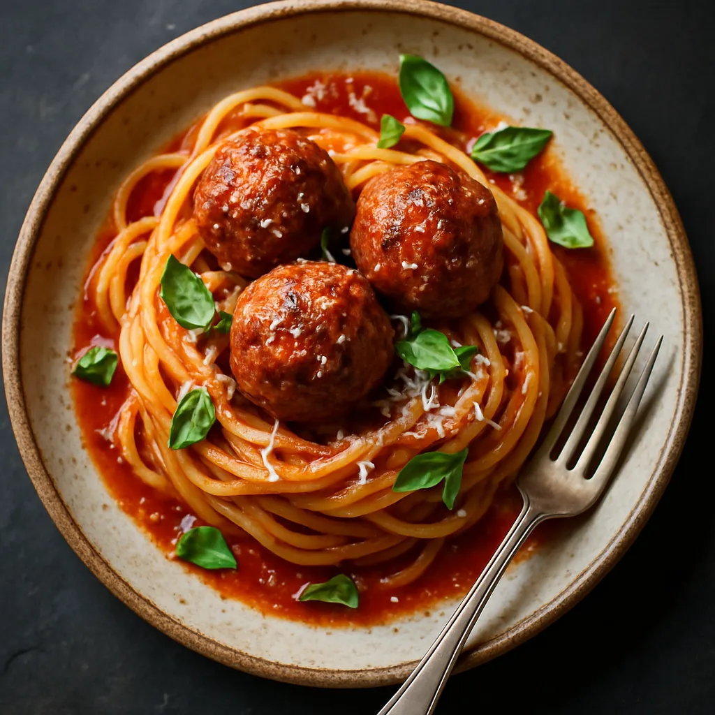Overhead view of plated Spaghetti and Meatballs with fresh basil and Parmesan cheese