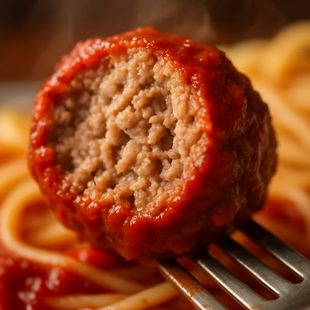 Close-up of meatball cut in half showing tender, moist interior with tomato sauce