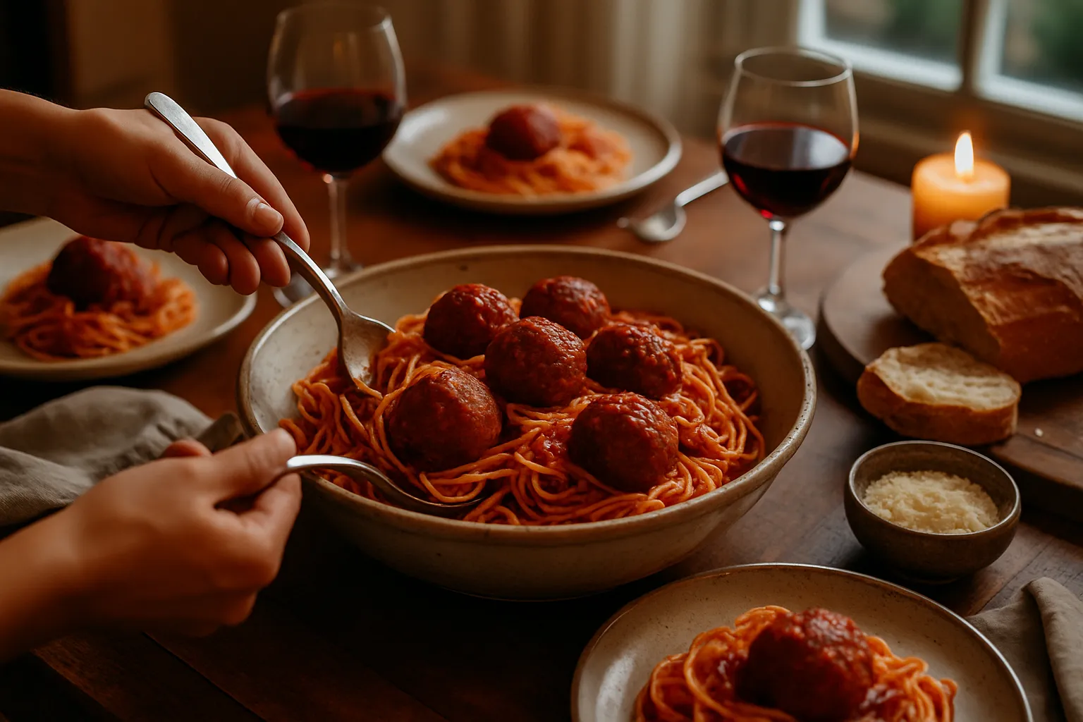 Family-style serving of Spaghetti and Meatballs in large bowl on dining table with wine and bread