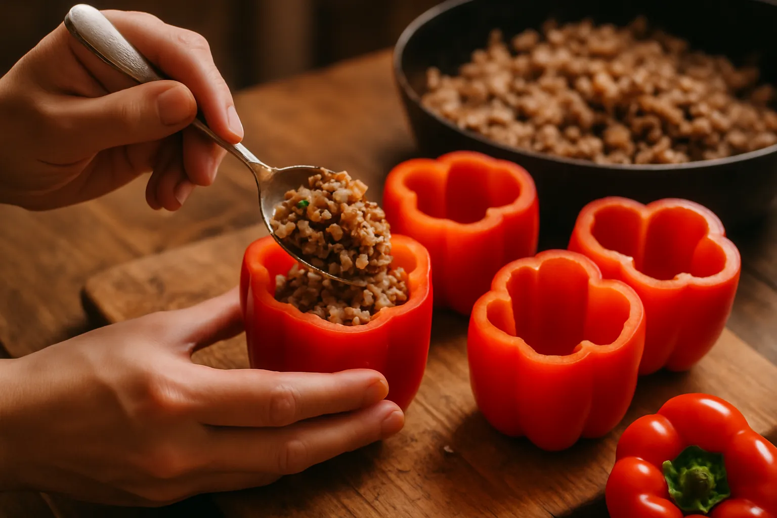 Four colorful stuffed bell peppers with melted cheese in a rustic baking dish with tomato sauce