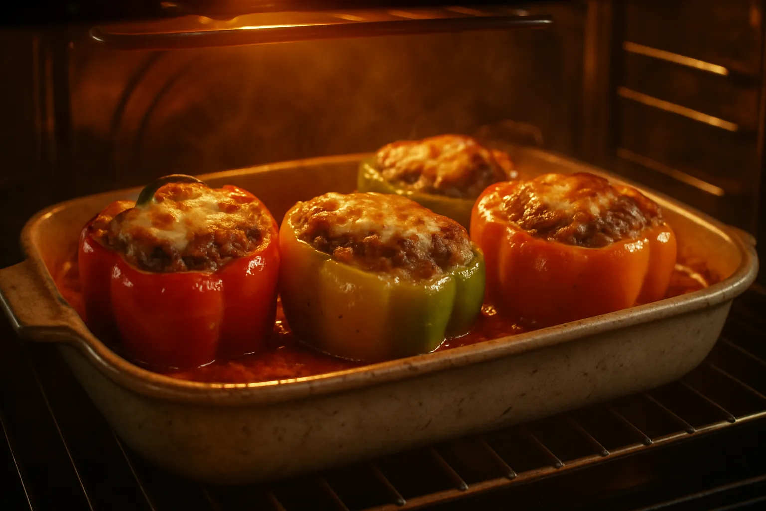 Hands spooning seasoned beef and rice filling into a red bell pepper during preparation