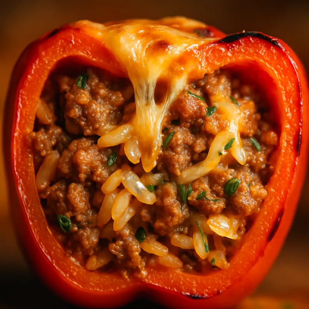 Stuffed bell peppers baking in the oven with melting cheese and bubbling tomato sauce