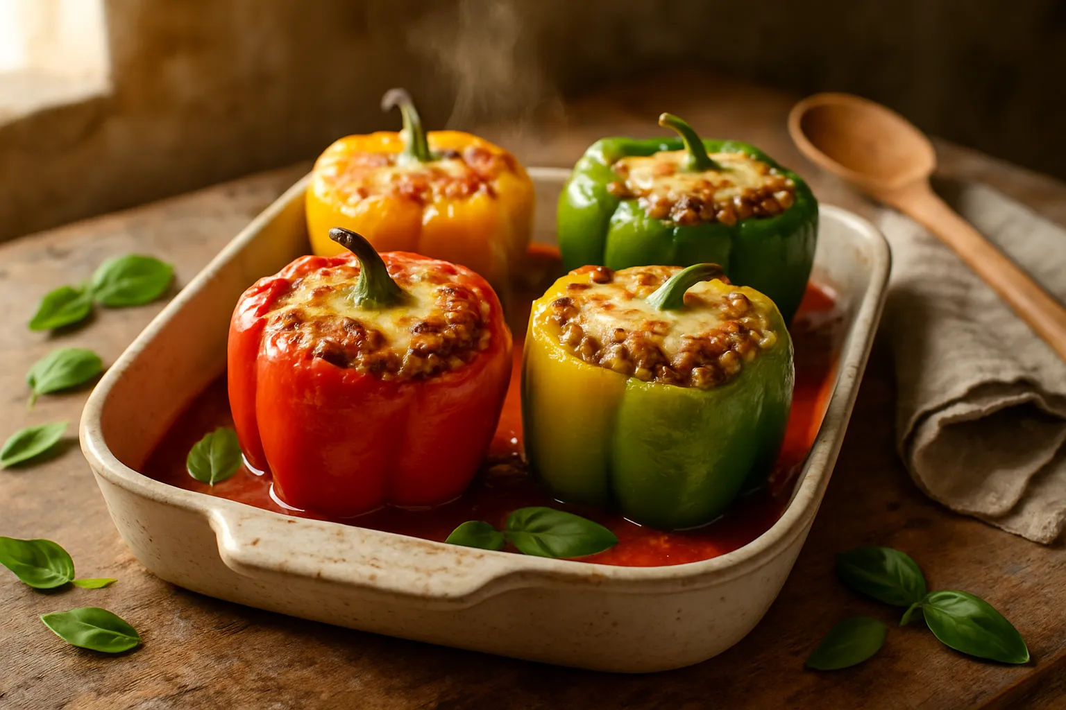 Family-style serving of stuffed bell peppers on a rustic Italian table with wine, bread, and fresh herbs